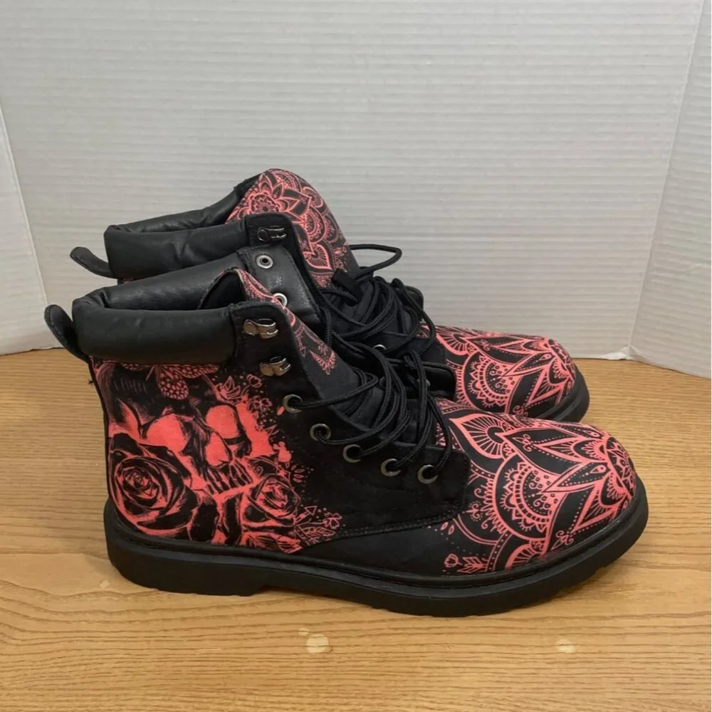 Raad Shop Black Red Boots Mens 13M w Floral Mandala Pattern Lace Up Goth Grunge